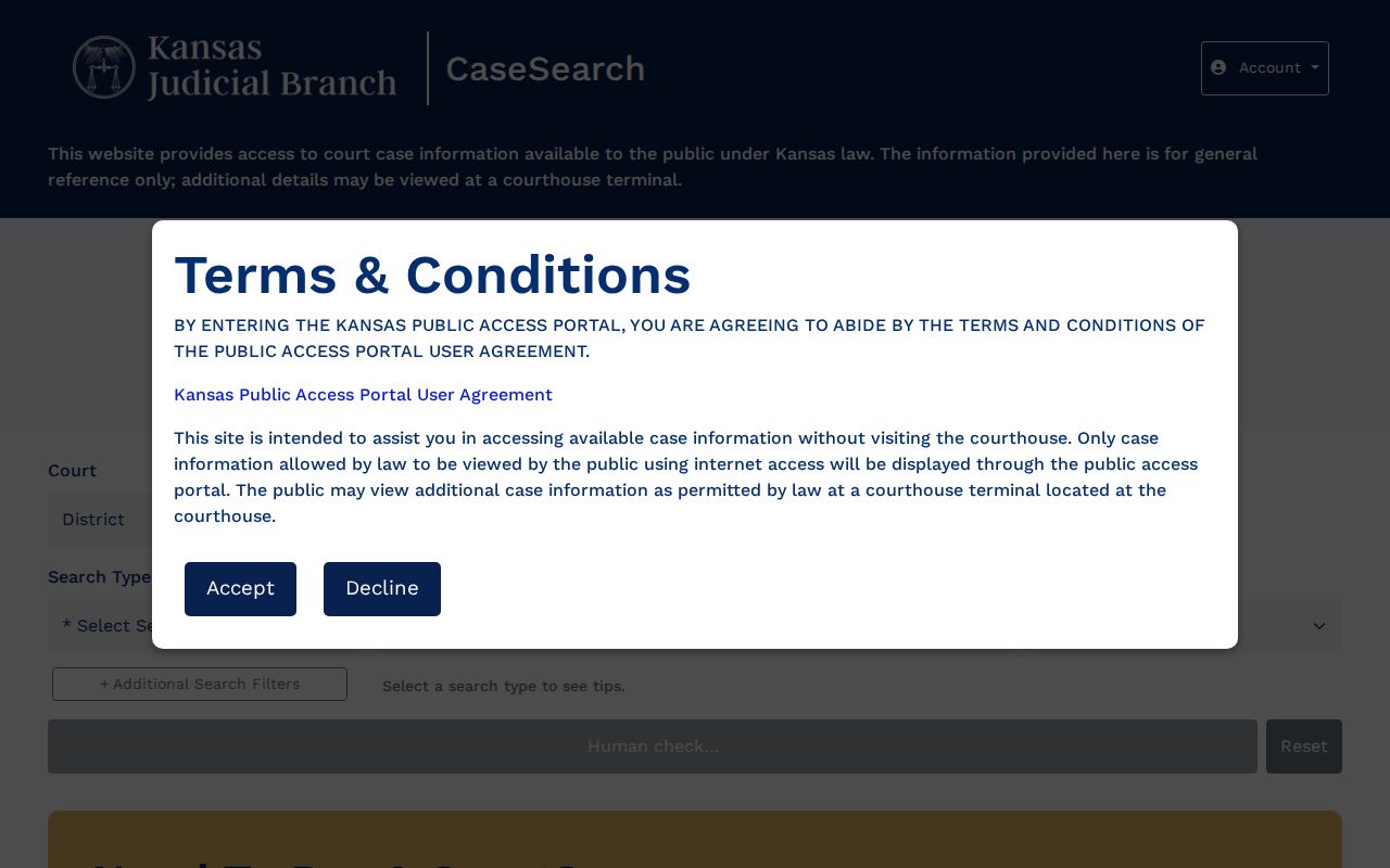 Ness County case lookup terms and search controls in Kansas CaseSearch